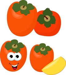 Persimmon with leaves whole and slices of persimmons. Vector illustration of persimmon. Funny cartoon character. Illustration for decorative poster, emblem natural product, farmers market.