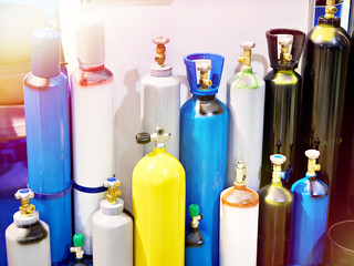 Metal cylinders for compressed gases - obrazy, fototapety, plakaty