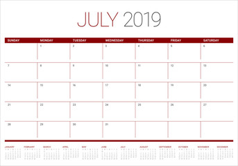 July 2019 desk calendar vector illustration