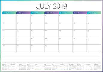July 2019 desk calendar vector illustration