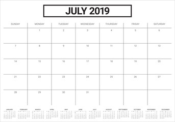 July 2019 desk calendar vector illustration
