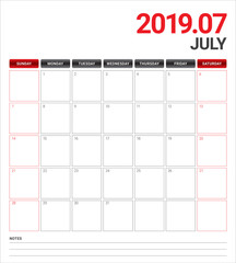July 2019 desk calendar vector illustration