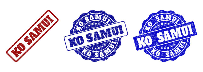 Obraz premium KO SAMUI grunge stamp seals in red and blue colors. Vector KO SAMUI overlays with grunge texture. Graphic elements are rounded rectangles, rosettes, circles and text titles.