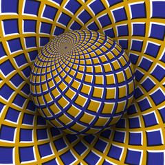 Optical illusion vector illustration. Yellow blue squares patterned sphere soaring above the same surface.