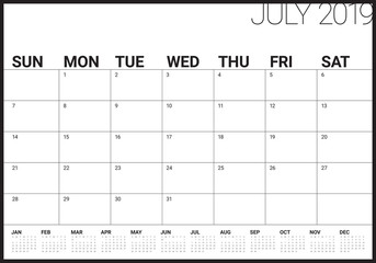 July 2019 desk calendar vector illustration