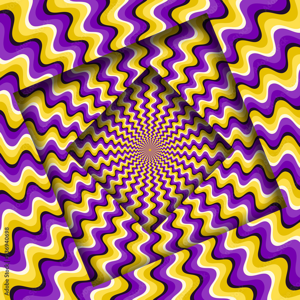 Poster abstract turned frames with a rotating purple yellow wavy pattern. optical illusion background.