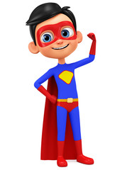 Cartoon character boy in superhero costume showing muscle on white background. 3d rendering. Illustration for advertising.