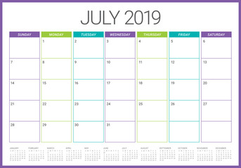 July 2019 desk calendar vector illustration