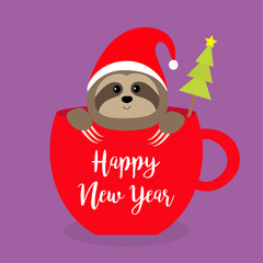 Happy New Year. Sloth sitting in red coffee cup teacup. Santa hat. Fir tree. Face and hands. Cute cartoon baby character. Merry Christmas. Hello winter. Slow down. Violet. background. Flat design.