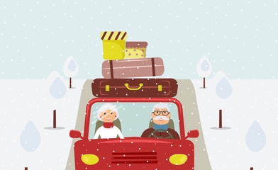 Naklejka premium Beautiful cartoon family: elderly man and woman are going to Christmas vacation. Male is driving a red car. There are a few suitcases and boxes on the roof of car.Road and trees are under snow.Vector