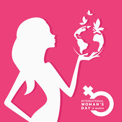 international women day banner with white woman hold earth world and butterfly sign on pink background vector design