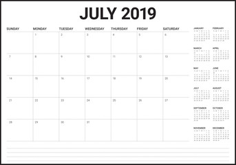 July 2019 desk calendar vector illustration