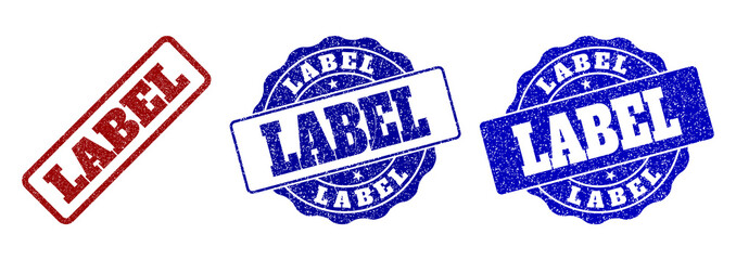 LABEL grunge stamp seals in red and blue colors. Vector LABEL imprints with grunge style. Graphic elements are rounded rectangles, rosettes, circles and text labels.