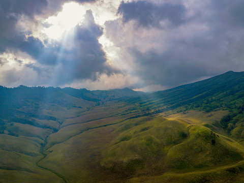Sunbeam through the clouds over Bromo Tengger Semeru National Park, East Java