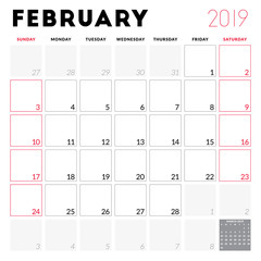 Calendar planner for February 2019. Week starts on Sunday. Printable vector stationery design template