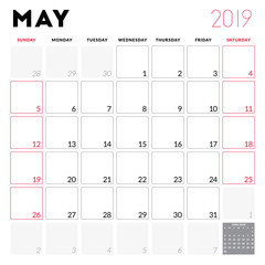 Calendar planner for May 2019. Week starts on Sunday. Printable vector stationery design template