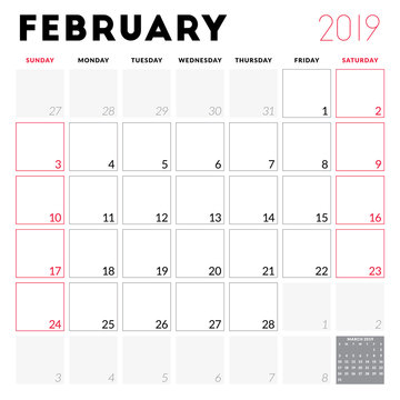 Calendar planner for February 2019. Week starts on Sunday. Printable vector stationery design template
