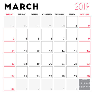 Calendar planner for March 2019. Week starts on Sunday. Printable vector stationery design template