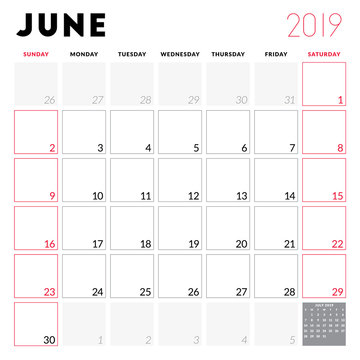 Calendar planner for June 2019. Week starts on Sunday. Printable vector stationery design template