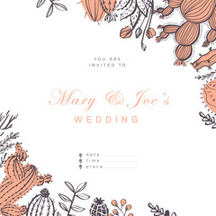 Vector wedding invitation, card, tag design template - text place, frame with cactus, branches, floral elements arrangements isolated on white background. Hand drawn sketch style.