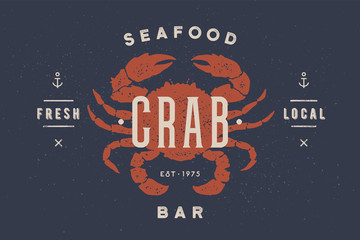 Crab, seafood. Vintage icon crab label, logo, print - obrazy, fototapety, plakaty