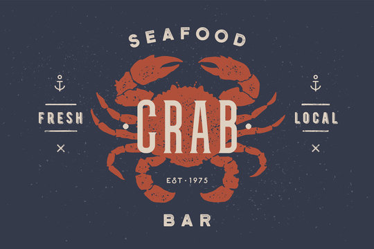 Crab, seafood. Vintage icon crab label, logo, print