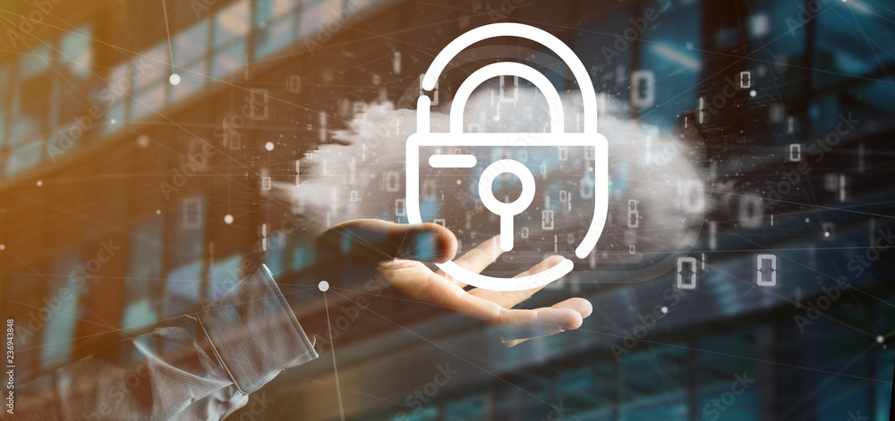 Poster businessman holding a binary cloud with internet security padlock 3d rendering