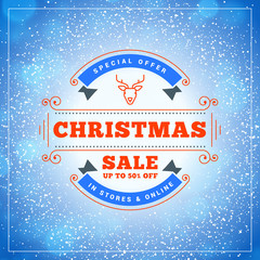 Fototapeta na wymiar Christmas sale poster design. Holiday shopping. Discount offer. Vintage badge with winter background