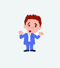 Businessman in casual style makes a gesture of tired resignation.