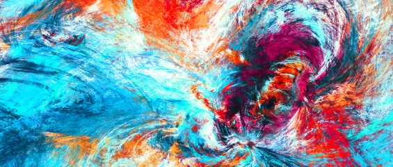 Helle künstlerische Spritzer. Abstrakte Malerei Farbtextur. Modernes futuristisches Muster. Blauer, roter und gelber dynamischer Hintergrund. Fraktale Grafik für kreatives Grafikdesign © Alena