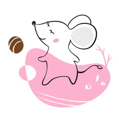 Dancing mouse baby print. Cute animal listens to music with simple abstract design
