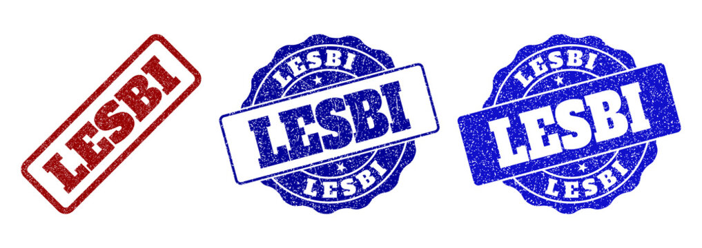 LESBI scratched stamp seals in red and blue colors. Vector LESBI labels with grunge texture. Graphic elements are rounded rectangles, rosettes, circles and text captions.