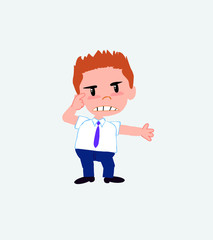 Businessman in casual style, is angry and points his head with his index finger.