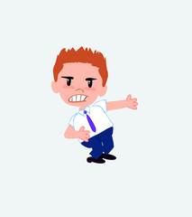 Businessman in casual style shows very angry something to his left.