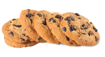 Chocolate chip cookies isolated on white background. Sweet biscuits. Homemade pastry.