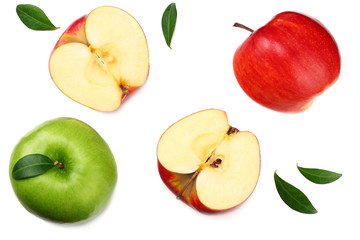 green and red apples with slices isolated on white background. top view
