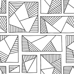 Seamless vector pattern. Black and white geometrical hand drawn background with rectangles, squares, triangles. Print for wallpaper, packaging, wrapping, fabric. Line drawing, graphic design