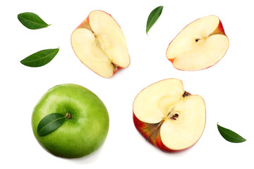 green and red apples with slices isolated on white background. top view
