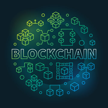 Blockchain cryptocurrency vector round colored concept illustration in thin line style on dark background