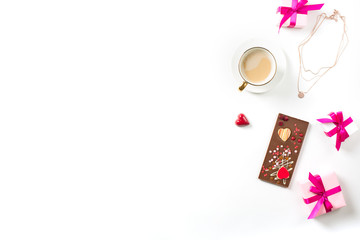 Valentines day background with chocolatered sweets in heart shape and coffee