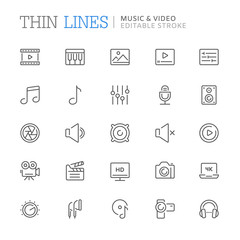 Collection of music and video related line icons. Editable stroke