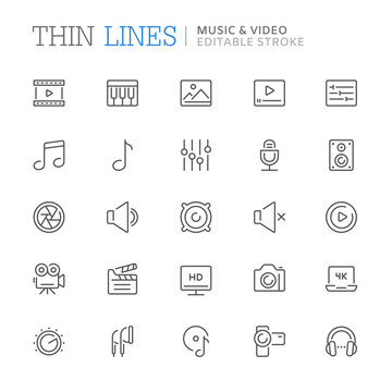 Collection of music and video related line icons. Editable stroke