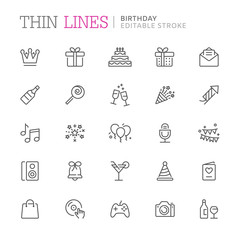 Collection of birthday thin line icons. Editable stroke
