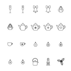 Winter icons for christmas and new year. Winter, warm sweater, hat, snowflakes, kettle, flashlight, snow globe, candles. Set of linear icons. Flat style.