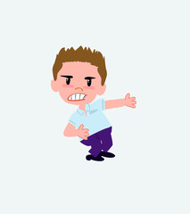 Businessman in casual style shows very angry something to his left.