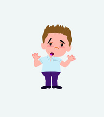 Businessman in casual style makes a gesture of tired resignation.