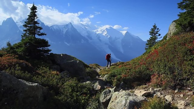 A man hiking on the famous Tour du Mont Blanc near Chamonix, France.