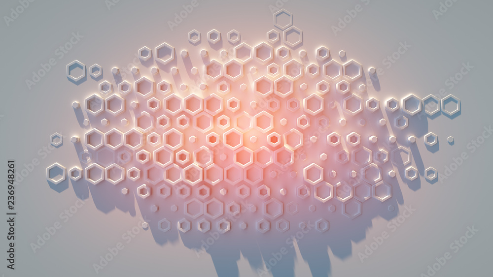 Poster cloud of glowing hexagons 3d rendering