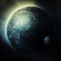 dark space background with planet, moon and stars