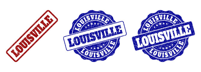 LOUISVILLE scratched stamp seals in red and blue colors. Vector LOUISVILLE overlays with scratced texture. Graphic elements are rounded rectangles, rosettes, circles and text labels.